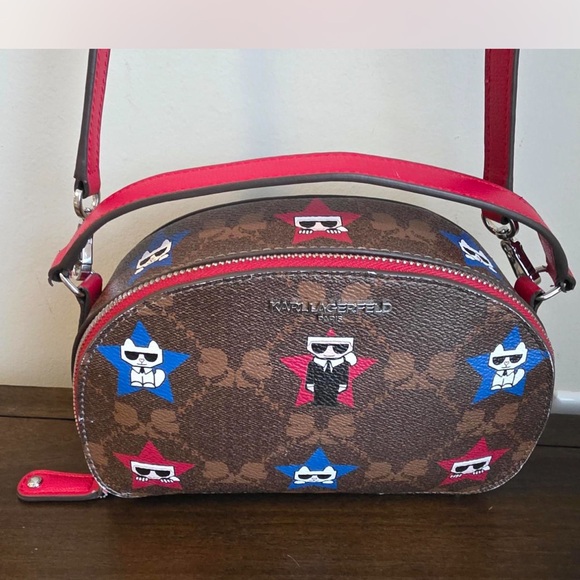 Karl Lagerfeld Handbags - Karl Lagerfeld Brown Crossbody Bag with Red and Blue Accents